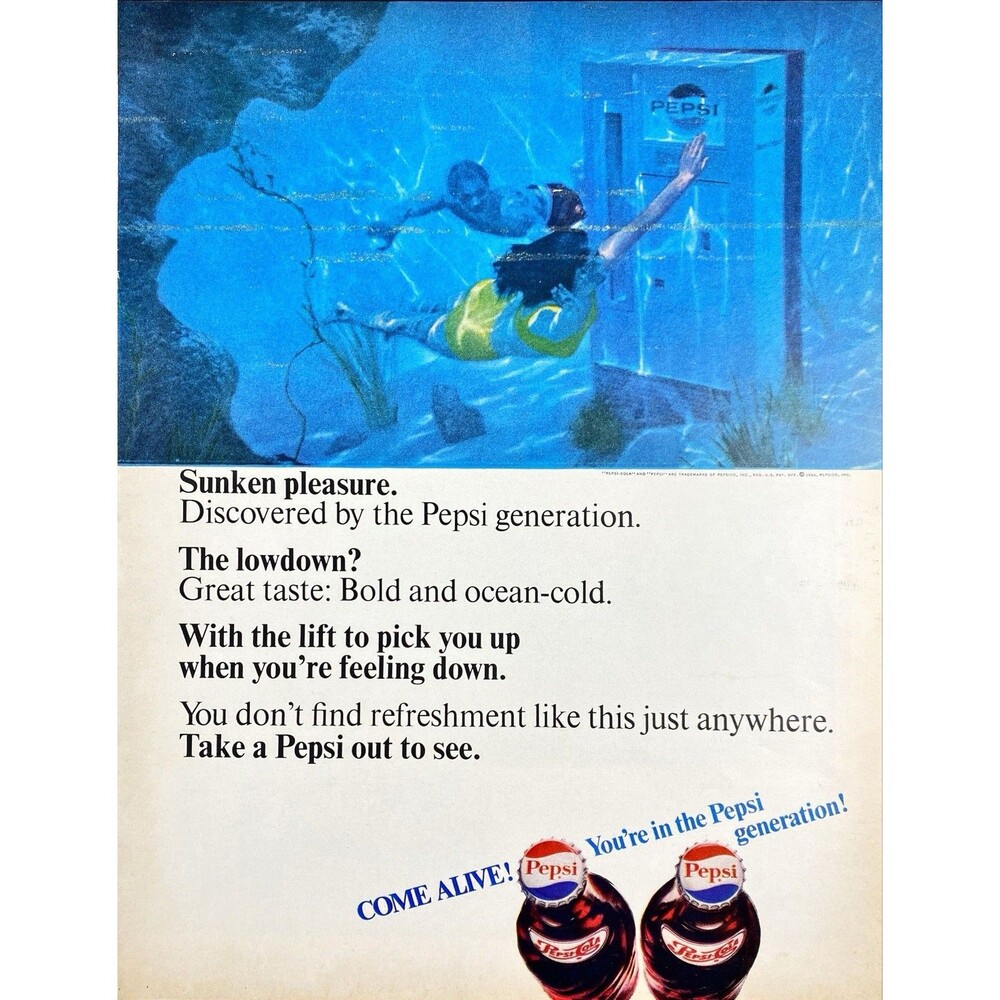 Pepsi "Under water scene: Take a Pepsi out to see" Vintage Print Ad 1966